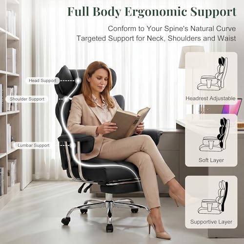 Image of Big and Tall Office Chair 400 LBS, Scratch-Resistant PU Leather Executive Ergonomic Desk Chair with Footrest, Lumbar Support, Wide Reclining Computer Seat for Home Office, Black
