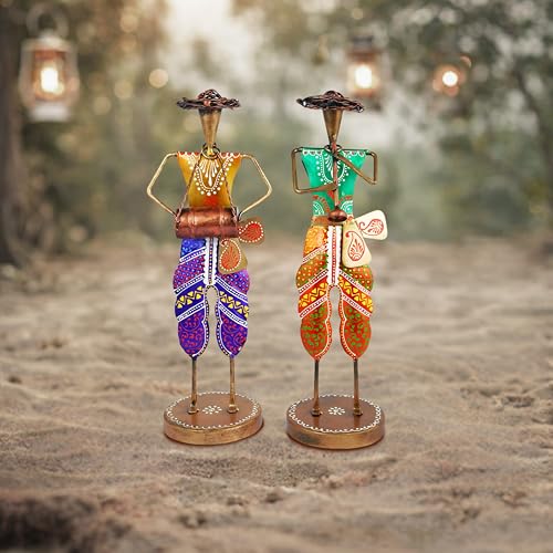 Image of CraftVatika Handpainted Iron Standing Musician Set of 2 Playing Musical Instrument Figurine Showpiece for Home Decor, Multicolor (13.5 Inches Height)
