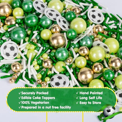 Image of Edible Soccer Sprinkles for Cake Decorating,Food Grade 130g,Baking Sprinkle Mix for Sports & Football Theme Party,Green Gold White Pearls and Jimmies with Soccer Wafer Paper Toppers,for Cupcakes,Ice Cream,Cookies,Donut,Cake Decorations,Match Viewing Events Birthday Celebration Supplies