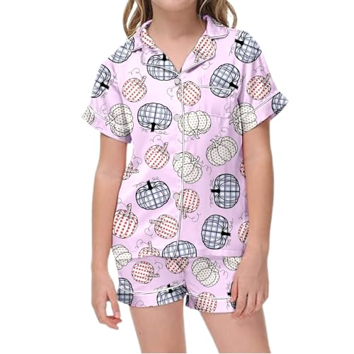 Girl Halloween 𝑷𝙖𝙟𝙖mas Set Spooky Ghost Pumpkin Print 𝑷𝙟𝙨 2Pcs Short Sleeve Button Down Shirt Shorts Outfit