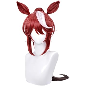 Anime Tokai Teio Wig Ears Brown Mixed Pink Long Curly Clip on Ponytail Party Hair Halloween Cosplay Props Accessory