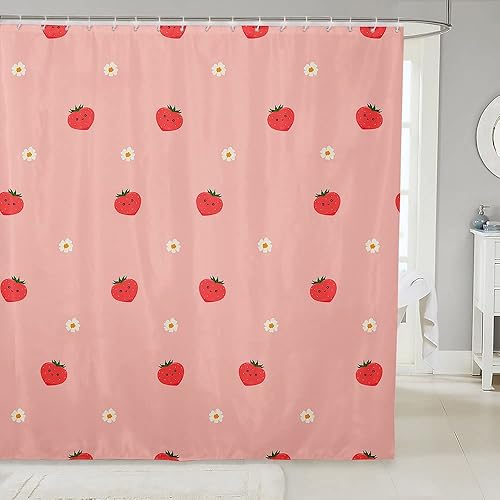 Erosebridal Juego de cortinas de ducha para tinas de fresa, cortina de baño Kawaii de 72 pulgadas de ancho x 72 pulgadas de largo, bonita cortina de