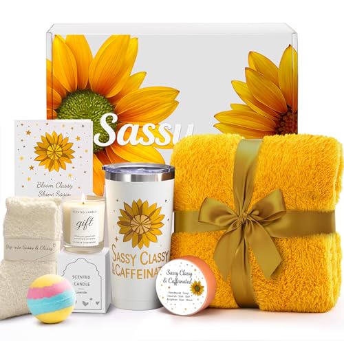 Christmas Sunflower Gift Set for Women - Birthday, Mother's Day, Valentine's Day Gifts for Mom, Wife, Friends | Thoughtful Care Package - Cozy Blanket, Spa & Relaxation - Get Well Soon Baskets Gifts