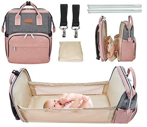 5-in-1 Travel Bassinet Foldable Diaper Bag, Portable Baby Bed Changing Station Mommy Bag Backpack, Multifunctional Large Capacity, Travel Crib Infant Sleeper, Baby Nest with Mattress (Pink)