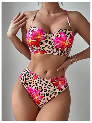 MakeMeChic Women's 2 Piece Bikini Sets Floral Cheetah Print Halter Criss Cross High Waist Swimsuit4