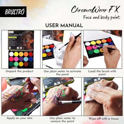 Image of Brustro ChromaWear FX Face & Body Paint| 25g,Set of 15 Vibrant Shades|Includes 2 Free Brushes,Skin-Safe,Non-Toxic,Vegan|Face Art,Cosplay,Festivals and Stage Play for Adult and Kids
