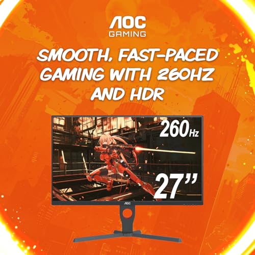 Image of AOC 27G10ZE 27 inch Gaming Monitor, Full HD 1920x1080, Up to 260Hz 0.5ms, HDMI 2.0 x2, Display Port x1, 3-Sided Frameless, Console Gaming Ready, 3-Year Zero-Bright-Dot