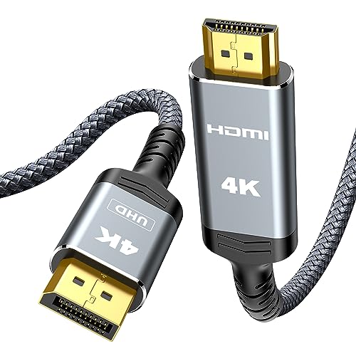 Highwings 4K DisplayPort to HDMI, 6ft DP 1.4 to HDMI UHD Cable, 4K@30Hz, 2K@60Hz, 1080P@120Hz, Nylon Braided Uni-Directional Cord for Dell, NVIDIA, AMD, Lenovo, HP, Monitor, Projector, Desktop (Grey)