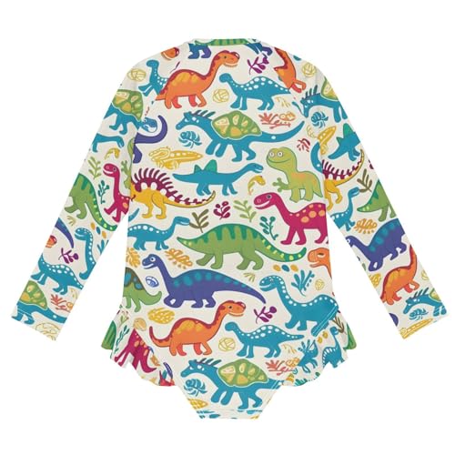 Girls One Piece Swimsuits Long Sleeve Swimsuit Zipper Bathing Suits Dinosaur Cotton V2