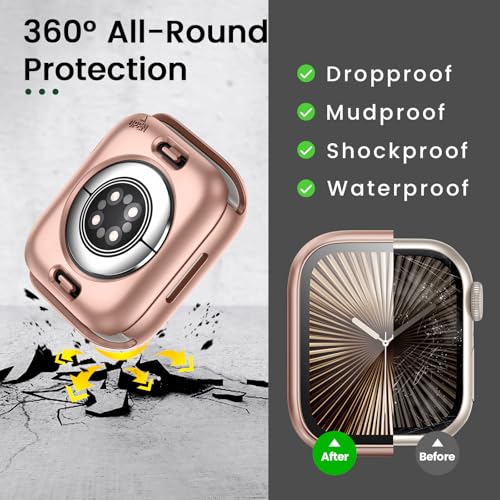 Image of 3 in 1 Goton Waterproof Hard Case for Apple Watch Screen Protector 46mm, 360 Slim Full Protective Tempered Glass Face Cover + Back Hard PC Bumper for iWatch Series 11 /10, 46mm Rose Gold