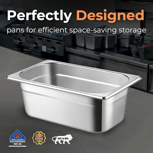 Image of HS Stainless Steel GN Pan Quarter Size 1 /4 100mm Depth 2.5L Capacity Anti-Jam Design 100% BIS Certified Raw Material European Standard Made in India 26.5 x 16.2 x 10 cm Professional Kitchen Grade