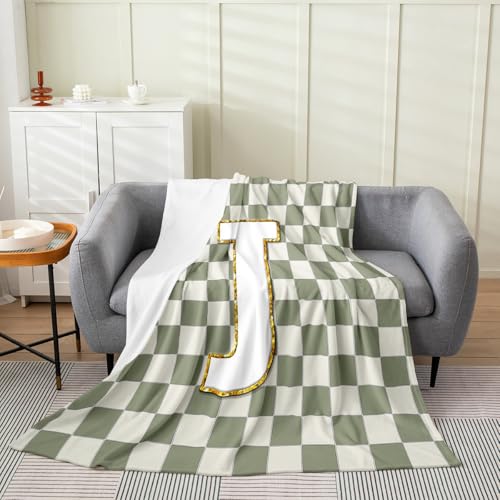 Image of Erosebridal Sage Green Checkered Flannel Blanket Plaid Initial J Fuzzy Plush Throw Personalized Monogram Fleece Blanket for Kids Boys Girls,Fashion Grids Gingham Decor for Bed Couch Baby 30 inchx40 inch