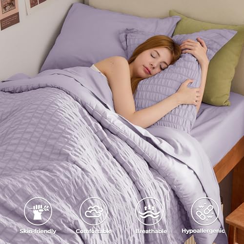 Image of HYMOKEGE Lavender Twin Comforter Set Seersucker 5 Pieces, All Season Luxury Bed in a Bag for Bedroom, Bedding Set with Comforters, Sheets, Pillowcase & Shams