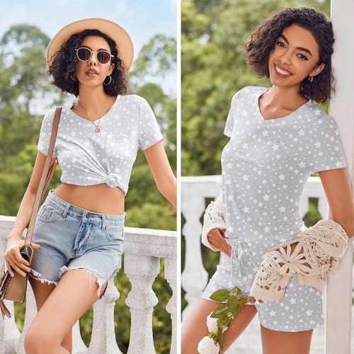 Image of Ekouaer Womens Pajama Sets Short Sleeve Pajamas for Women Sets Soft Lounge Sets Casual V Neck Sleepwear PJS