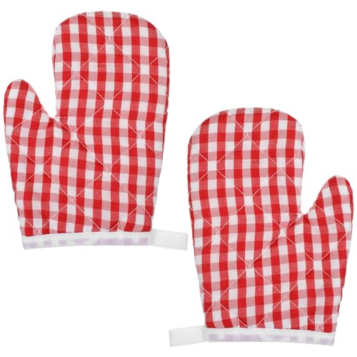 2PCS Red Oven Mitts for Kids, Red Checkered Oven Mitts for Kitchen Aid, Cute Kitchen Mitt for Safe Cooking Baking BBQ Griddle, Mini Heat Resistant Baking Gloves Easy Bake Accessories