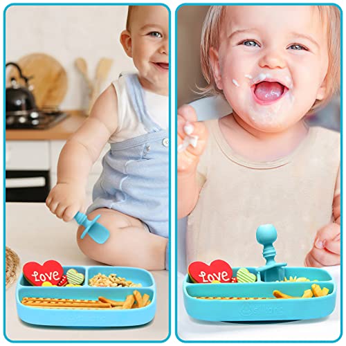 Silikong Suction Plate For Toddlers + Silicone Spoon | Microwave, Dishwasher And Oven Safe | Stay Put Divided Baby Feeding Bowls And Dishes For Kids And Infants #TOP7