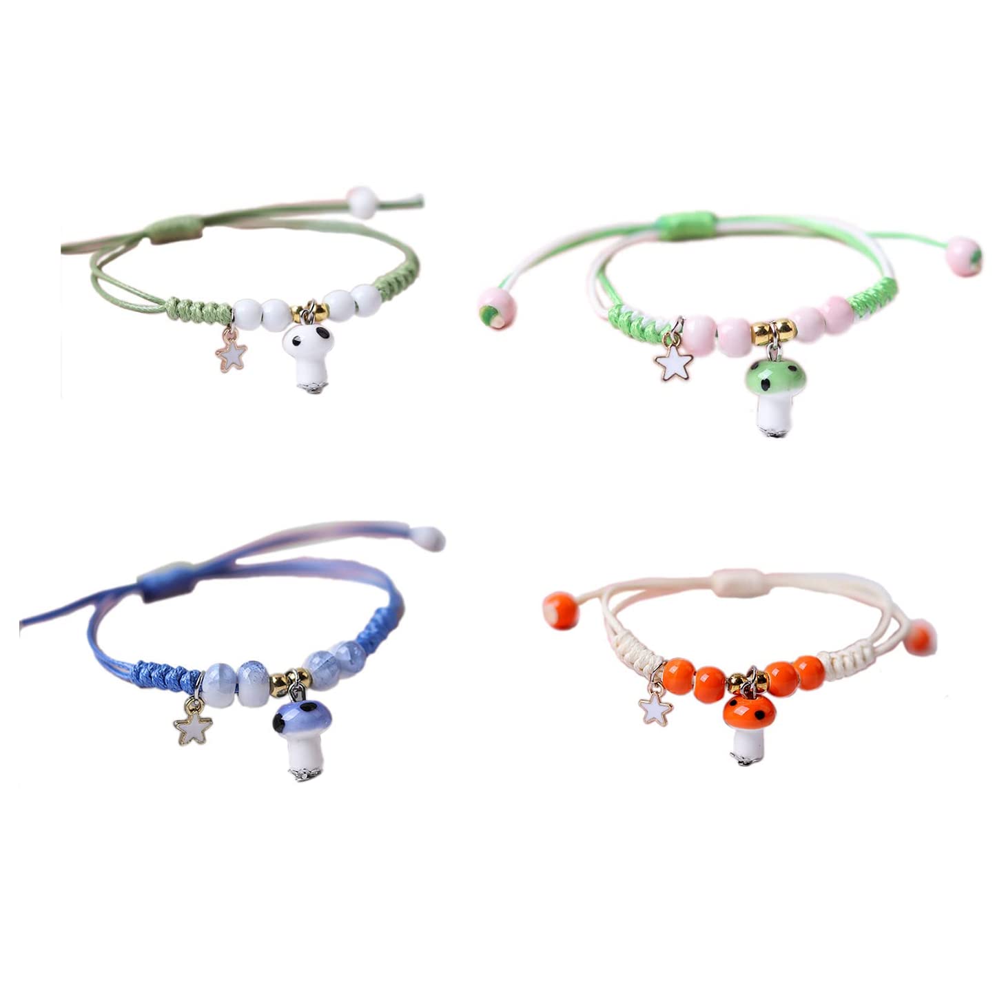 4 Pcs Unique Mushroom Bracelets Beaded Colorful Luck String Rope Chain Cord Thread Braided Bracelet Good Protection Friendship Wish Bracelet Jewelry
