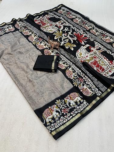 Image of SATIKA VASTRAM Tussar Silk Saree Kalamkari Elephant Print Pure Soft Zari Weaving Contrast Border And Pallu Attach Blouse Piece