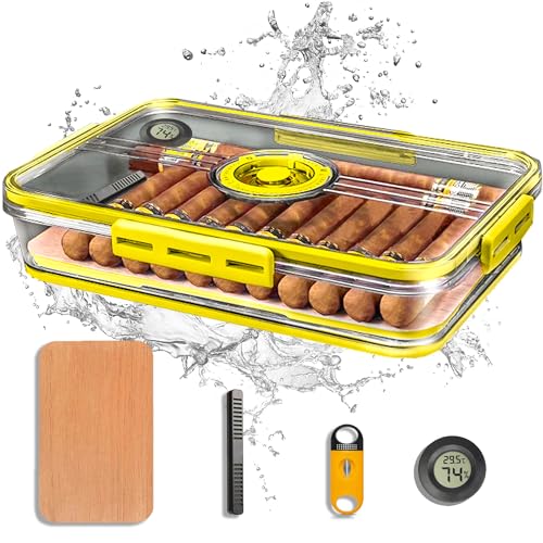 Generic Cigar Humidor, Cedar Cigar Desktop Box with Humidifier and Hygrometer, Cigar Cutter v Cut,Holds 25 Cigars (20-25 Cigars) Cigar Humidor Cabinet Kit, Large, Transparent Yellow