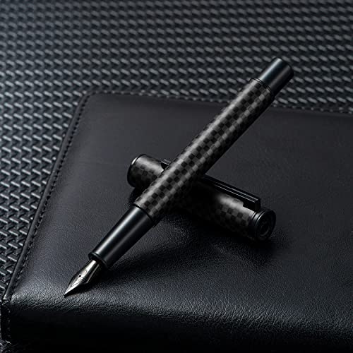 Image of Hongdian Black Forest Carbon Fiber Fountain Pen Medium Nib Modern Design Smooth Writing Pen with Refillable Ink Converter and Metal Pen Case Set