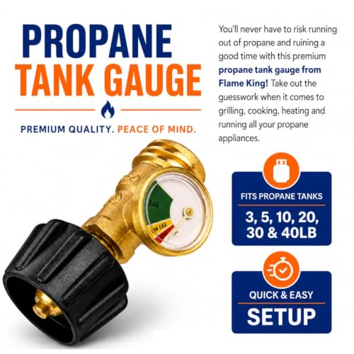 Image of Flame King Propane Tank Gauge Level Indicator Leak Detector Gas Pressure Meter Color Coded & Glow in the Dark Universal for Cylinder, BBQ Gas Grill, RV Camper, Heater and More Appliances, Brass