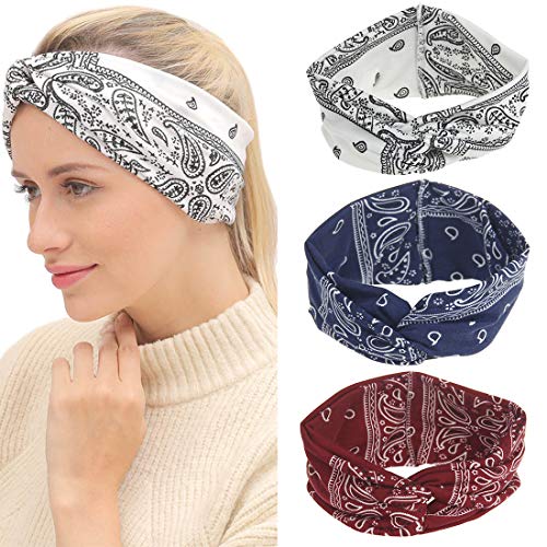 3 Pack Boho Headbands for Women Cross Elastic Hair Band Stretchy Headwraps Yoga Running Exercise Sports Workout Hair Bands