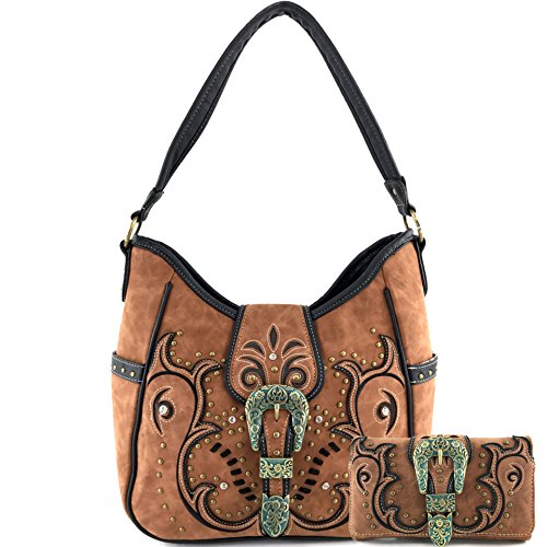 Justin West Patina Girl Western Bronze Floral Buckle Conceal Carry Handbag Purse Tote and Strap Wallet