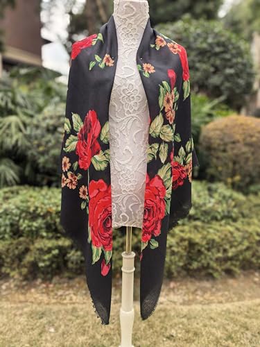 FANFAN Floral Print Square Scarf Shawl for Women Rose Mexican Shawl Russian Style Shawl Ethnic Wrap Evening Dress Party D83