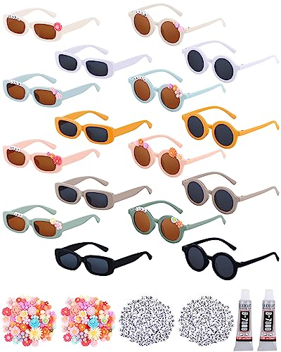 Kanayu 318 Pcs Kids Sunglasses DIY Kit Include 16 Pairs Daisy Sunglasses for Kids with 200 Random Letter Beads 100 Daisy Charms Floral Beads and 2 Glues for Toddler Girls Boys Birthday Party