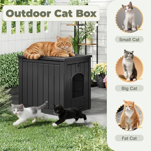 Image of Cat Litter Box Enclosure, Openable Front Door Outdoor Enclosed Cat Litter Box, Outdoor Cat House Weatherproof Raised Floor, Easy to Clean, Black