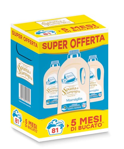 Spuma di Sciampagna - Detersivo Lavatrice Marsiglia 3x1215ml 81 Lavaggi | detersivo lavatrice, profumo di Marsiglia, pulisce efficacemente, riduce i segni del tempo, formato super offerta