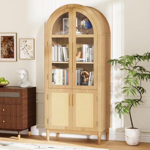 Image of 71 inch Tall Arched Pantry Cabinet with Glass Doors, 5-Tier Modern Kitchen Storage Cabinet, 3 Adjustable Shelves Wooden Pantry Storage Cabinet for Kitchen, Dining Room, Living Room, Oak