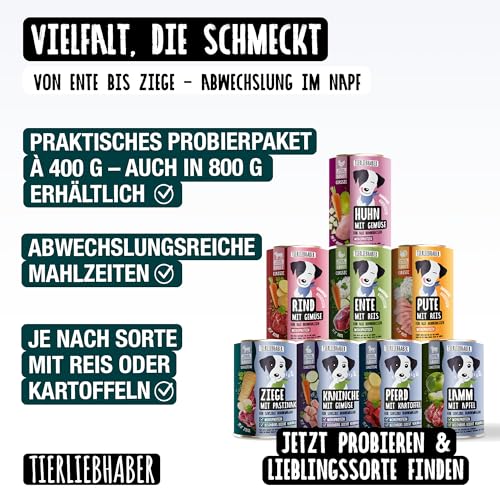 TIERLIEBHABER – Hundefutter Nass 800g 6X Ziege mit Pastinake – Von Tierärzten entwickelt – Nassfutter Hund mit 91% Fleischanteil – Dog Food als Hundenassfutter 800g Dosen
