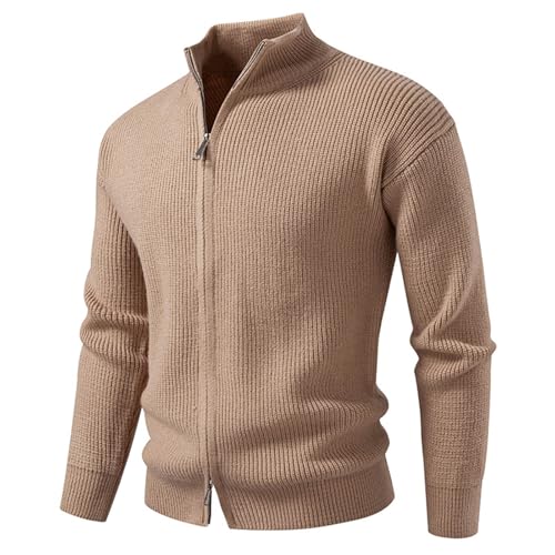 Mens Double Zip Cardigan Sweater Fall Winter Solid Long Sleeve Stand Collar Slim Fit Ribbed Knitted Sweaters Outwear