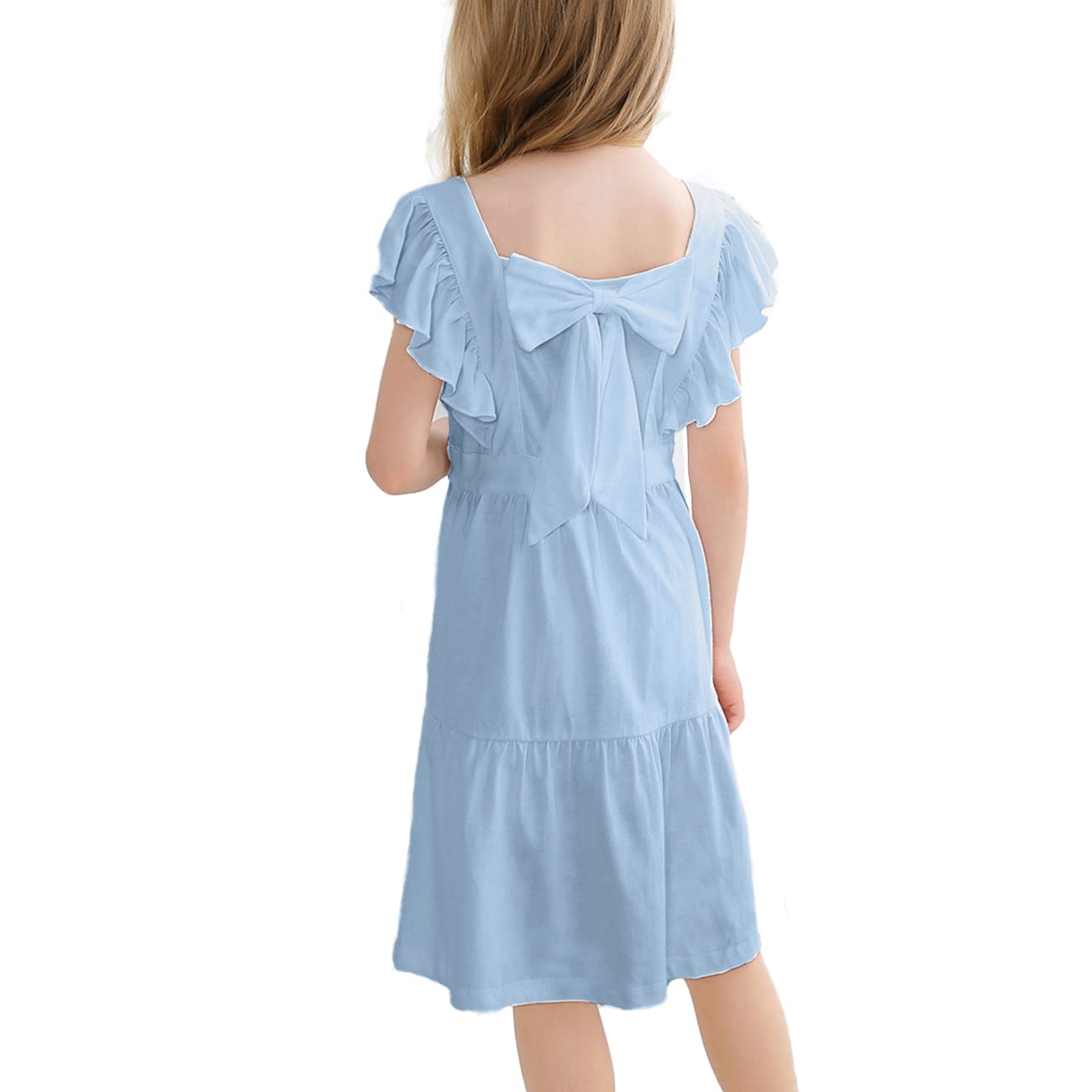 VASCHY Girls' Ruffle Dress Cut Open Back and Bow Detail for Special Occasions Swing Twirly Summer Dress Cotton