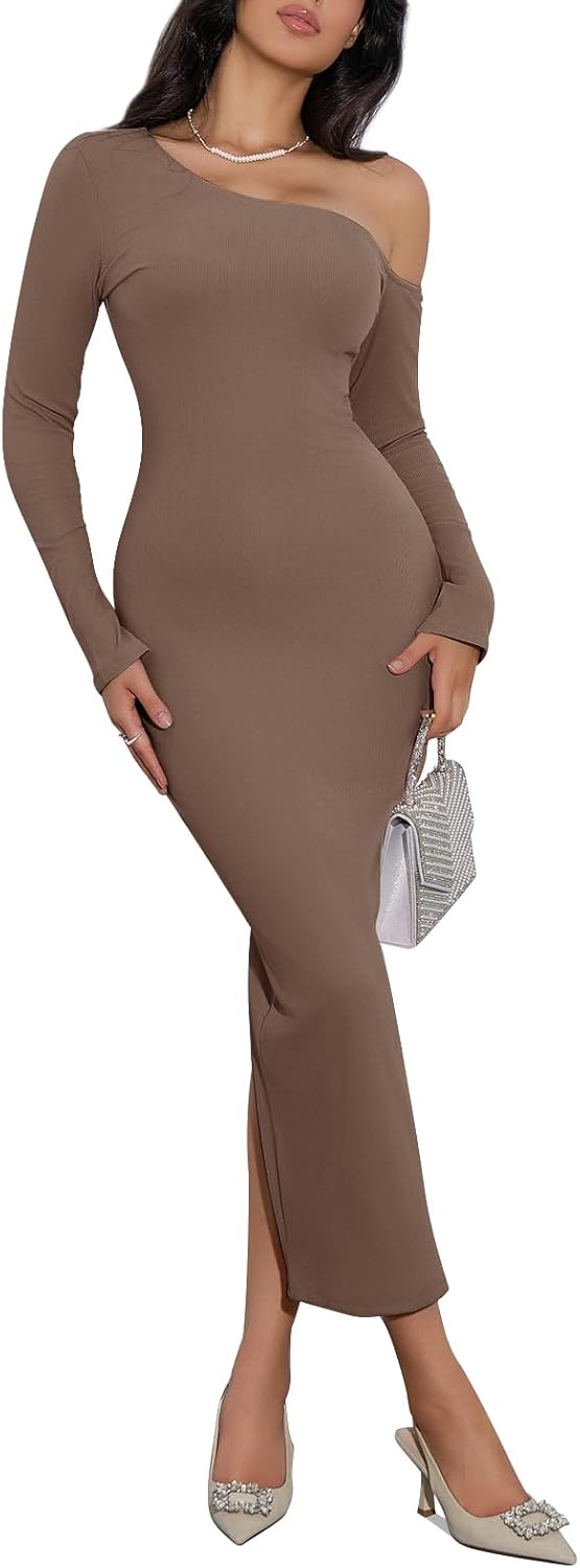 Yousify Womens One Shoulder Long Sleeve Party Dresses Back Slit Bodycon Cocktail Party Dress