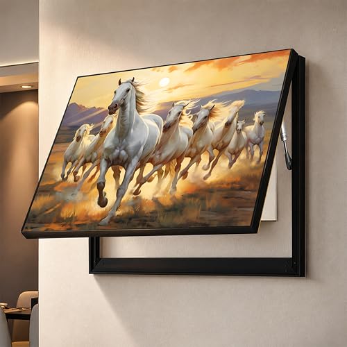Image of Electric MCB Box Cover Frame With Hydraulic Decorative White 8 Running Horse Painting Electrical Panel box Cover, Switch Box Frame Will Fit Max 15x20 inch Switch Board, Outer Box Size 17X23 Inch