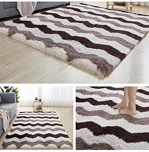 Alfombra suave y esponjosa para decoración de dormitorio, moderna, grande, lavable, con patrón de ondas camello, 160 x 240 cm