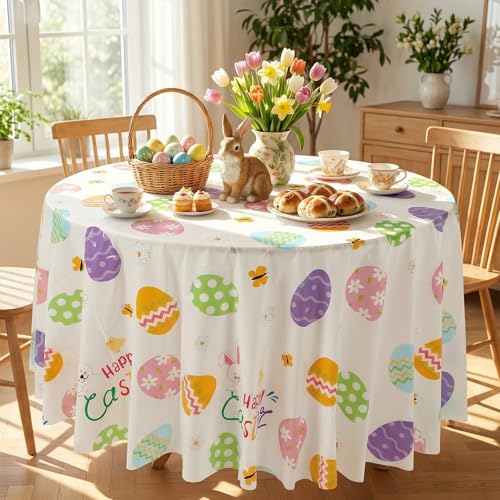 Image of Hahafelt 3 Pcs Spring Easter Plastic Round Tablecloth 84 Inch Colorful Egg Disposable Table Cover Pastel Bunny Flower Watercolor Egg Circular Table Cloth for Spring Easter Birthday Party Decoration