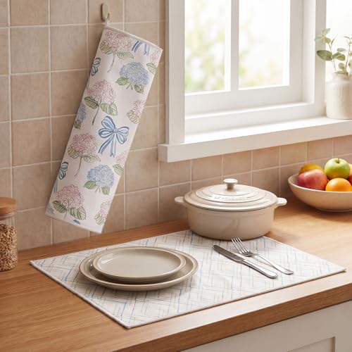 Image of Domensi 2 Pack Hydrangea Microfiber Dish Drying Mat Absorbent Reusable Washable Extra Large Kitchen Counter Draining Mat Blue Gingham Pad for Coffee Bar Kitchen Decor 18x24 Inch