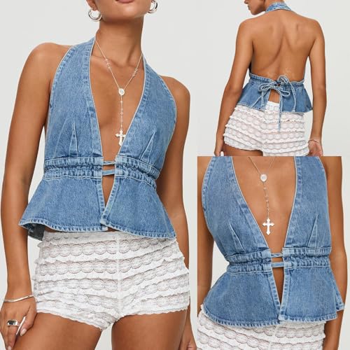 Denim Halter Top for Women Denim Open Back Tie-Up Halter Vest Jean Cropped Tank Top Summer 20252