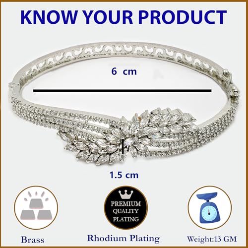 Image of ZENEME Rhodium-Plated Silver Toned American Diamond Studded Contemporary Kada Bracelet For Girls and Women
