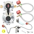 Upgraded RV Propane 2-Stage Auto Changeover LP Propane Gas Regulator-2 Tank with Two 18" RV Pigtail Propane Stainless Braided Hoses with Gauge Dual Propane Tank Regulator for RVs, Vans, Trailers,Campe