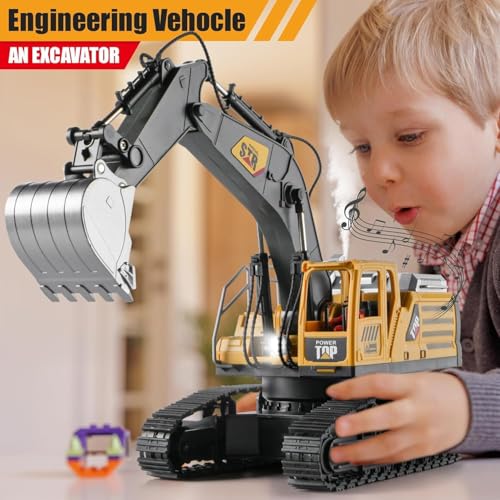 Image of Remote Control Excavator Toys for Boys,14 Channel 1:14 Rc Digger Construction Toys Tractor,Simulated Smoke, Sound, Lighting, Metal Digging Head, for Boys 3 4 5 6 7 8 9 10