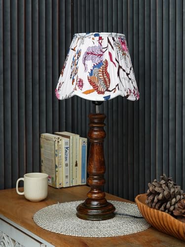 Image of Green Girgit Wooden Classic Lamp with Pleeted Multicolor Red Floral Lotus Shape Lamp Shade