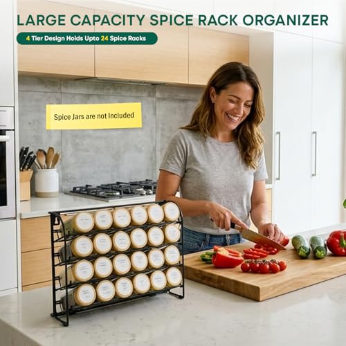 4 Tier Spice Rack Organiser – 2-in-1 Free Standing & Wall Mounted Iron Seasoning Rack with Non-Slip Feet, Space-Saving Kitchen Counter & Cupboard Storage (without Jars) - Image 3