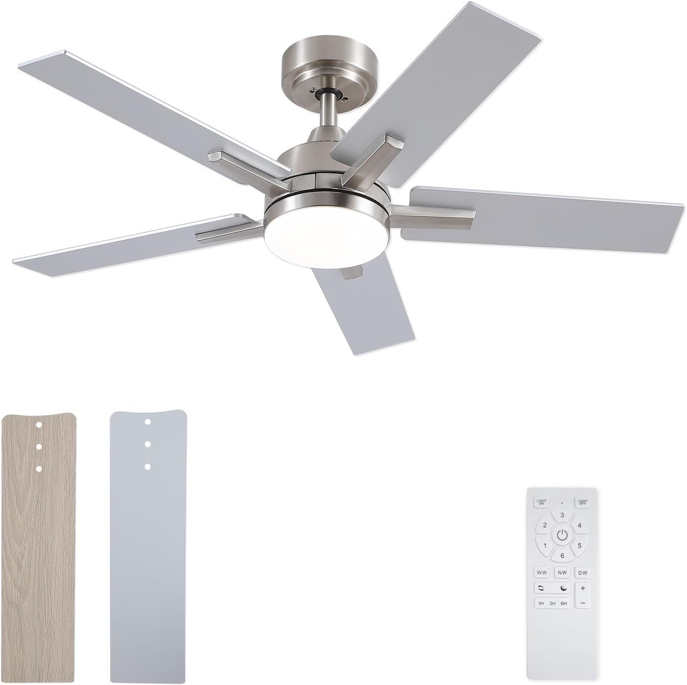 Ceiling Fans with Lights, 42 inch Nickel Ceiling Fan with Light and Remote Control, Reversible, 3CCT, Dimmable, Noiseless, Small Ceiling Fan for Bedroom, Indoor/Outdoor Use