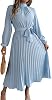 Womens Fall Mock Neck Long Sleeve Pleated Maxi Dress Elastic High Waist A Line Swing Flowy Elegant Dresses with Belt
