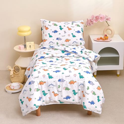 Image of Caressma Toddler Bedding Set Dinosaur Pattern Nursery Comforter for Kids | Cartoon Print 4 Pieces Toddler Bed In A Bag, White Bed Set With Comforter, Fitted Sheet, Flat Sheet & Pillowsham