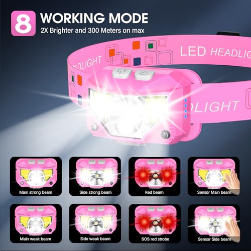 Image of LHKNL Headlamp Flashlight, High Lumen Bright LED Rechargeable Headlight with White Red Light, 2-Pack Waterproof Motion Sensor Head Lamp, 8 Mode for Camping Running Hiking Fishing Gear- Pink